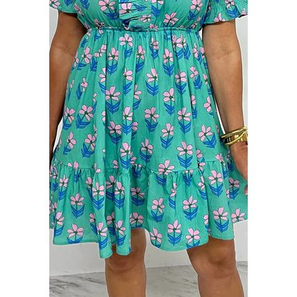 Green Floral Print Frilly Smocked Detail High Waist Mini Dress