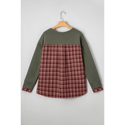 Moss Green Vintage Plaid Patchwork Drop Shoulder Sweatshirt