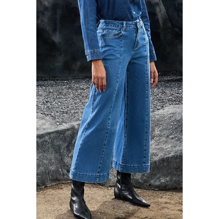 Dark Blue Plain Seam Detail Flared Bottom Ankle Length Jeans