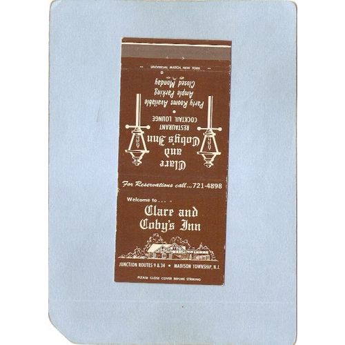 New Jersey Madison Township Matchcover Clare & Coby's Inn Junction Rts 9 7~3385