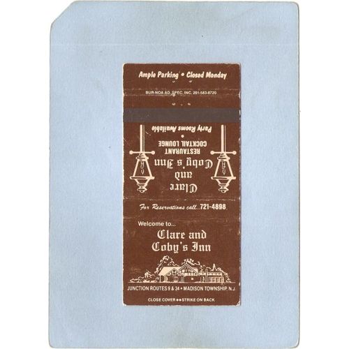 New Jersey Madison Township Matchcover Clare & Coby's Inn Junction Rts 9 &~3384