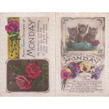 A Birthday Wish For Monday Kitten Cats 2x Antique Greetings Postcard s