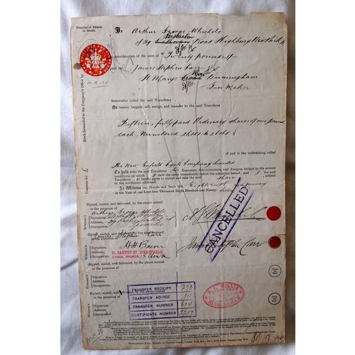 Inland Revenue share transfer receipt 1897 cancelled stock transfer A G Whichelo