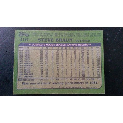1982 Topps Card # 316A Steve Braun Very Good-Excellent (4) St Louis Cardinals