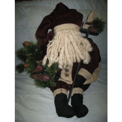 Santa Claus Doll in Burgundy Outfit w/very long cap, bird and evergreens