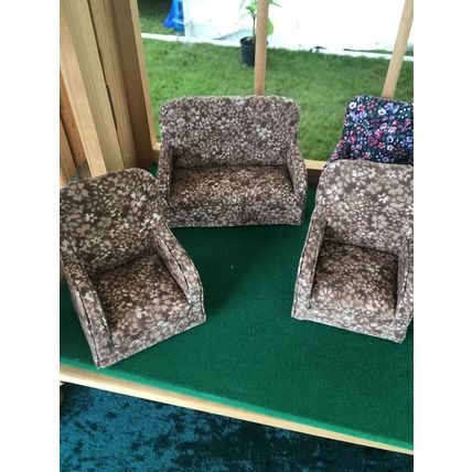 Brown Floral Sofa & 2 Armchairs 1:12th scale miniature