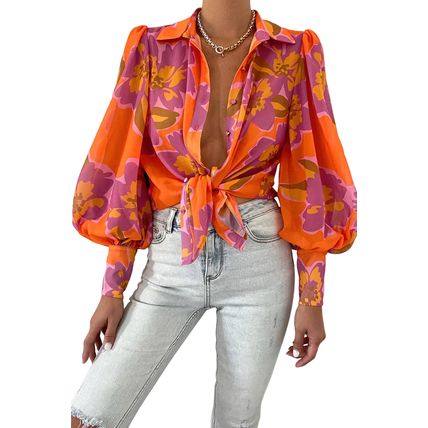 Orange Floral Print Lantern Sleeve Shirt