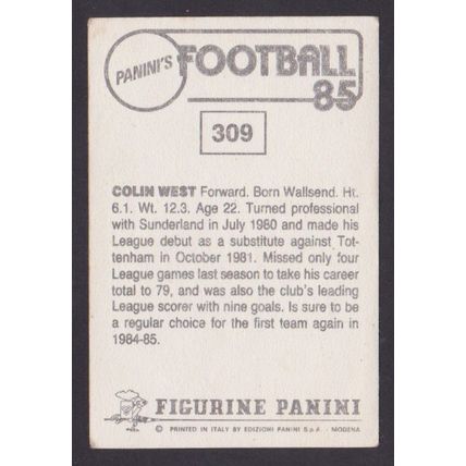 Panini Stickers Football 85 #309 Colin West - Forward (Sunderland)