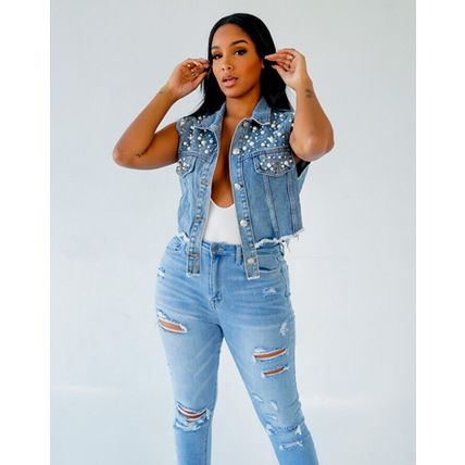 jacket denim shawl for women Dingzhu inlaid diamond denim vest