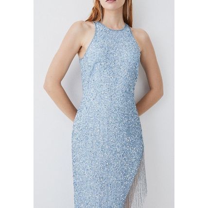 KAREN MILLEN Limited Edition Asymmetric Hem Fringe Halter Midi Dress NEW (RARE)