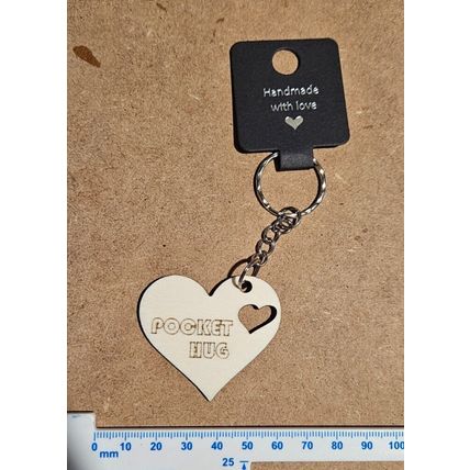 Heart shaped pocket Hug Wooden Keyring, Keep Sake, friend + Gift bag