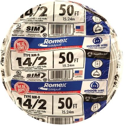 Southwire Romex Brand Simpull Solid Indoor 14/2 W/G NMB Cable 50Ft Coil - SW# 28
