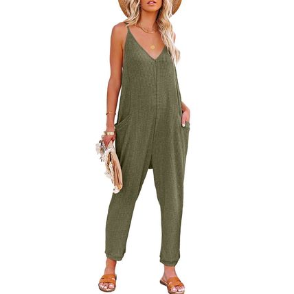 Green Textured Sleeveless V-Neck Pocketed Casual Jumpsuit