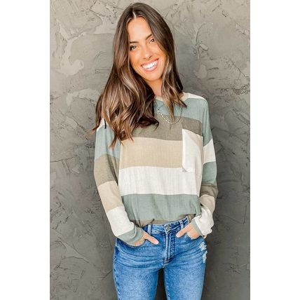 Green Color Block Ribbed Long Sleeve Top with Pocket