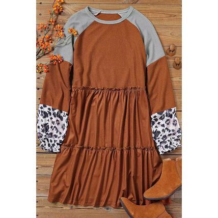 Brown Waffle Knit Leopard Patchwork Long Sleeve Dress