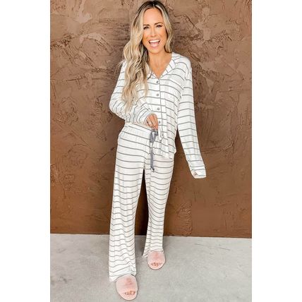 Striped Print Long Sleeve and Pants Pajamas Set
