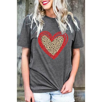 Gray Sequin Leopard Heart Graphic T-shirt