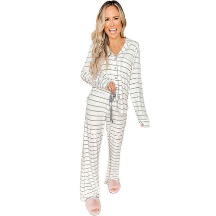 Striped Print Long Sleeve and Pants Pajamas Set