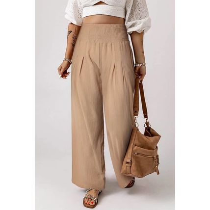 Khaki Smocked Wide Waistband High Waist Wide Leg Pants