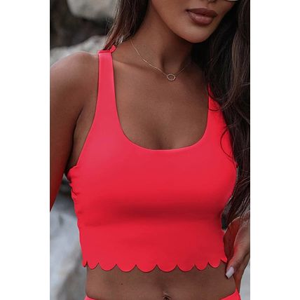 Fiery Red Scalloped Crossed Straps Cropped Bikini Top