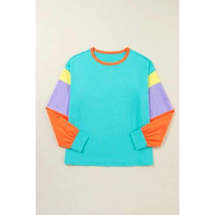 Light Blue Colorblock Patchwork Long Sleeve Loose Top