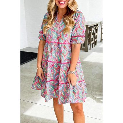 Light Blue Abstract Printed Ricrac Tiered Puff Sleeve Dress