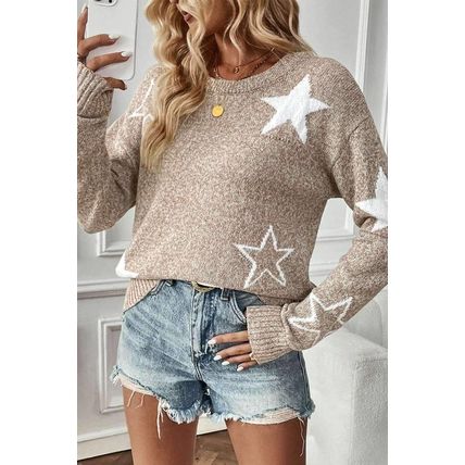 Khaki Star Pattern Drop Shoulder Sweater