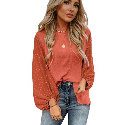 Russet Orange Swiss Dot Balloon Sleeve Loose Blouse