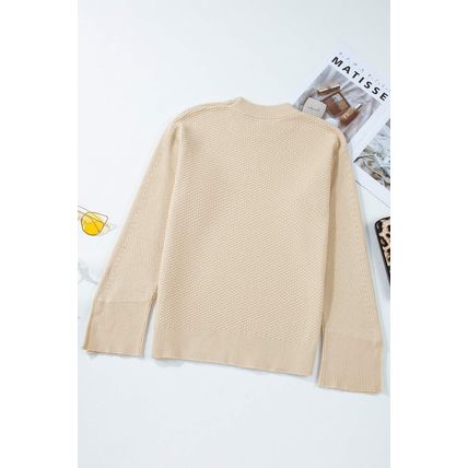 Parchment Solid Textured Knit Split Cuff Drop Shoulder Loose Sweater