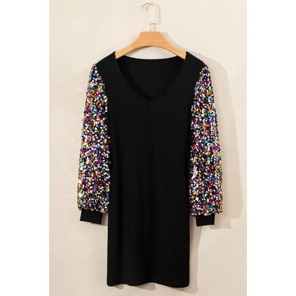 Black Sequin Bishop Sleeve U Neck Mini Sweater Dress