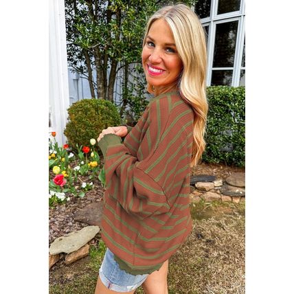 Brown Stripe Trimmed Round Neck Drop Shoulder Loose Sweater