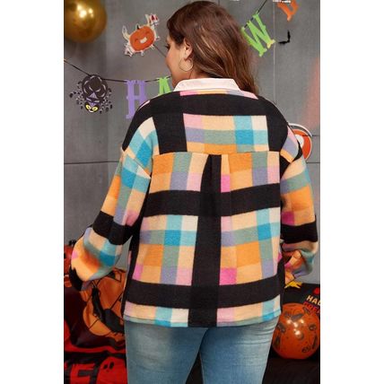 Black Plus Size Checkered Print Sherpa Henley Sweatshirt