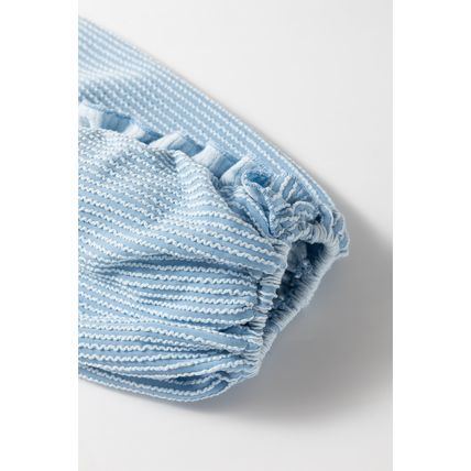 Mist Blue Corded Frilly Puff Sleeve Round Neck Blouse