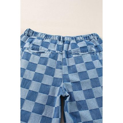 Dusk Blue Plus Size Checkered Seamed High Waist Wide Leg Jeans