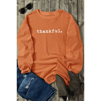 Orange Thankful Ribbed Crew Neck Thanksgiving Sweatshirt