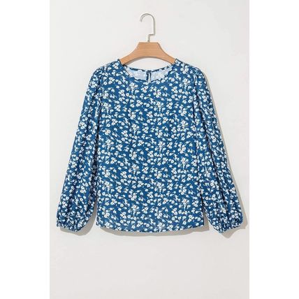 Blue Ditsy Floral Print Lantern Sleeve Blouse