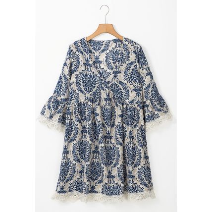 Sky Blue Vintage Printed Lace Trim V Neck 3/4 Sleeve Loose Dress