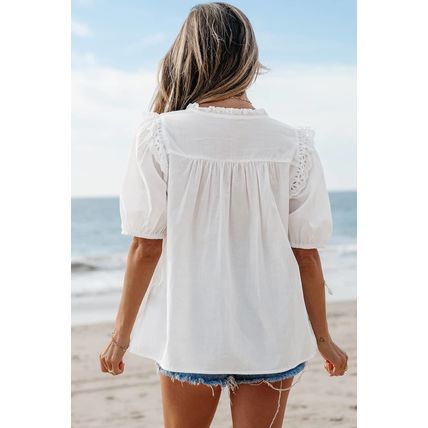 White Embroidered Lace Patchwork Tie Neck Puff Short Sleeve Blouse