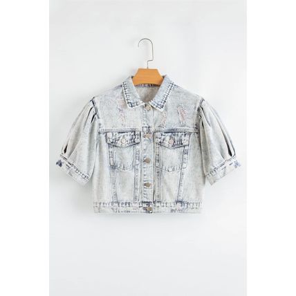 Beau Blue Light Wash Buttoned Chest Pocket Puff Sleeve Denim Jacket