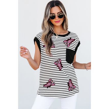 Black Stripe Sequined Lobster Patched Pocket Casual Tank Top