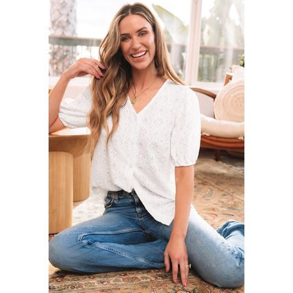 White Lace Puff Sleeve V Neck Button Up Shirt
