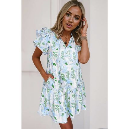 Sky Blue Floral Contrast Edge Layered Short Sleeve Mini Dress