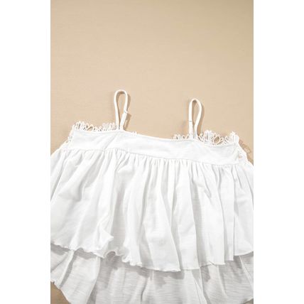 White Lace Splicing Spaghetti Straps Ruffle Flared Tank Top