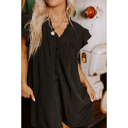Black Frilled V Neck Pleated Ruffle Detail Short Shift Dress