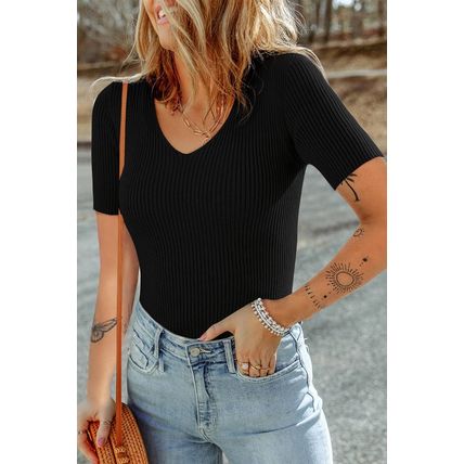 Black V Neck Ribbed Knit Lightweight Short Sleeve Sweater