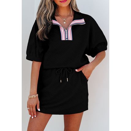 Color black Striped Collared Zip up Textured Skirt Set