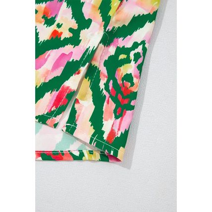 Green Abstract Print V Neck Short Sleeve Blouse