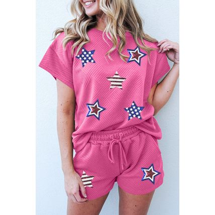 Strawberry Pink Solid Color Textured Sequined American Star Patched Short 2pcs O