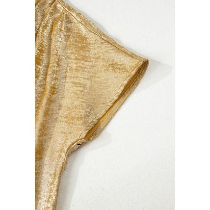 Gold Glossy Round Neck Pleated Detail Short Sleeve Blouse