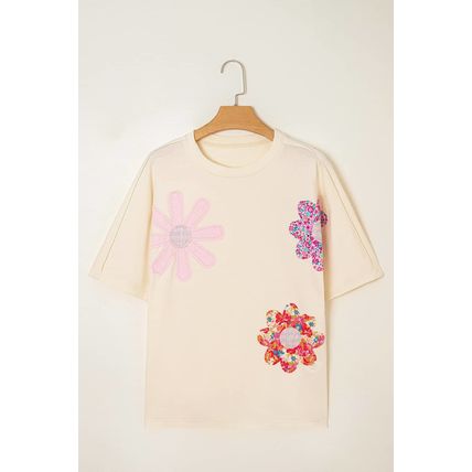 Apricot Flower Patched Exposed Stitching Trim Crew Neck Loose Tee